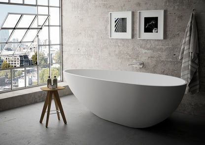 67 x 33.5 x 20 Inch Solid Surface Freestanding Oval Soaking Bathtub in Matte White with Drain