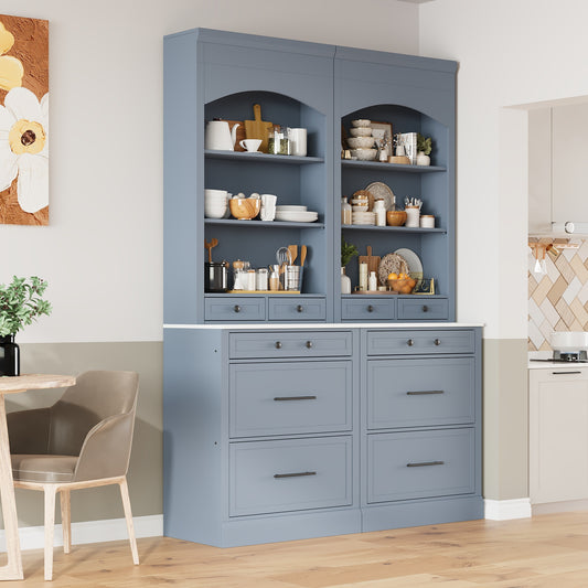 [Assembly Video Provided] TOPMAX Modern 83.7inch High Kitchen Pantry, Freestanding Tall Kitchen Hutch with Faux Marble Top, Cupboard Cabinet with 5 Storage Drawers and Adjustable Shelf, Set of 2, Gray