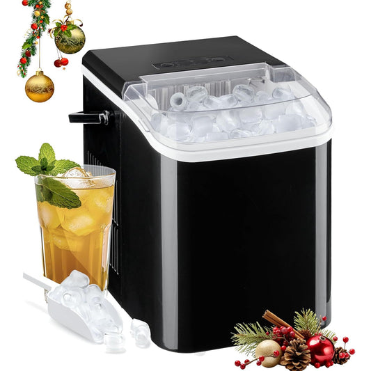 Countertop Ice Maker Machine, Fast Making 9 Ice Cubes in 6 Minutes, Self-Cleaning with Scoop, Basket & Handle, 26.5lbs/24Hrs, 2 Sizes Bullet Ice, Portable for Kitchen, Office, Party, Black