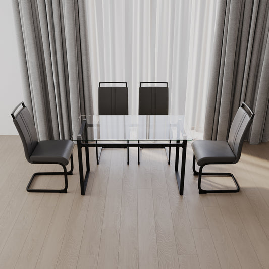 51 inch Glass Dining Table Set for 4, Dining Table & Chair Sets with Black Metal Legs for Kitchen, Modern Rectangle Tempered Glass Table Top and  PU Dining  armless Chair for Dining Room