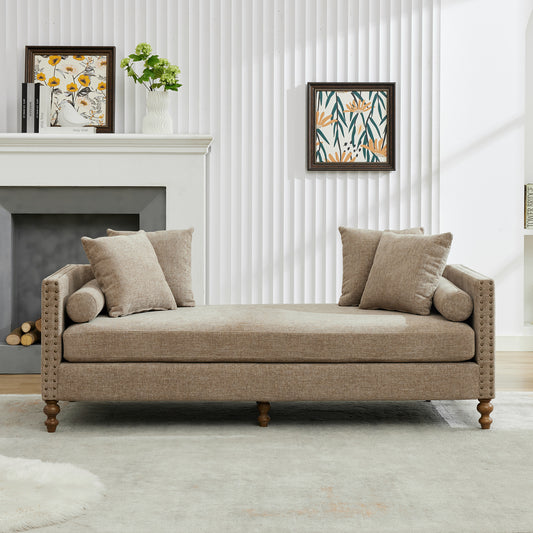 75.2'' Wide Upholstered Chaise Lounge Indoor with Nailheads,Sleeper Sofa Couch With 4 Throw Pillows&2 Bolsters,Daybed with Rubberwood Legs For Living Room,Bedroom, Apartment,Guestroom,Taupe Chenille