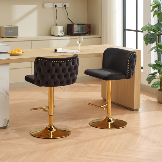 A&A Furniture,Swivel Barstools Adjusatble Seat Height With Gold-plating Base, Classic Velvet Upholstered Bar Stools with the whole Back Tufted, for Home Pub and Kitchen Island,Black,Set of 2