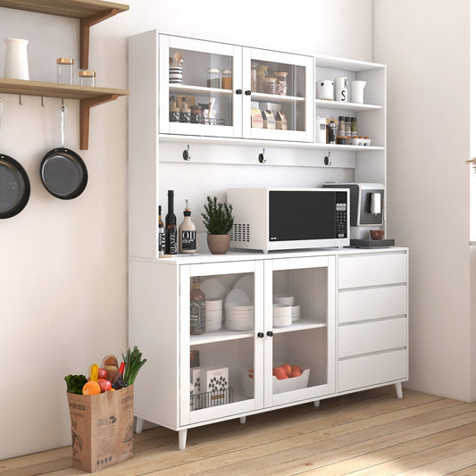 63' W Large Kitchen Hutch Cabinet, Freestanding Pantry Cabinets Storage Kitchen Cupboard with 4 Doors, 4 Drawers & Microwave Shelf, White