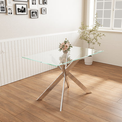 47.2-inch modern minimalist tempered glass coffee table, metal leg rectangular dining table, transparent glass living room dining table, 47.2-inch x27.5-inch/29.5-inch small space suitable