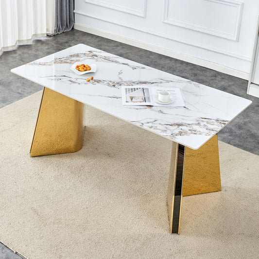 63'x31.5x30' Luxurious Cold Jade Slab Dining Table with Golden Stainless Steel Butterfly Legs.The tabletop is designed to be scratch and heat resistant.Slabs Tabletop,Golden Stainless Steels Legs.