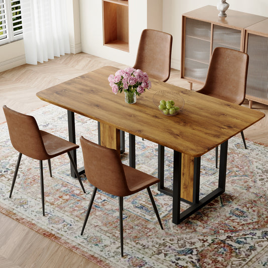 Table and chair set.67'x36' Wood-Textured MDF Dining Table Set with 4 Brown Suede Chairs.MDF sticker,Wood colored texture sticker,Brown armless dining chair,Suitable for kitchen,Dining room,etc.