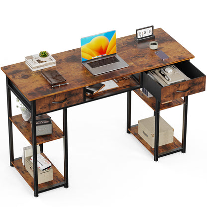 Computer Desk 48 Inch Home Office Bedroom Writing Study PC Table with Fabric Drawers Storage Shelves Space Headphone Hook Metal Frame Adjustable Feet Modern Simple Style