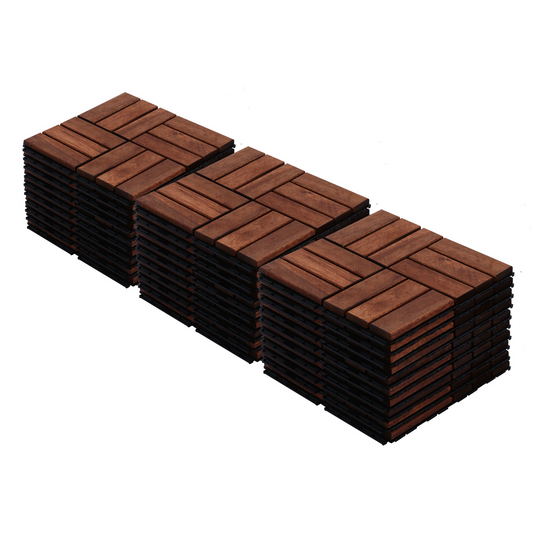 Acacia Wood Interlocking Deck Tiles Checker Pattern, 30 PCS  12' x 12' Square Acacia Hardwood Outdoor Flooring for Patio, Bancony, Pool Side,...