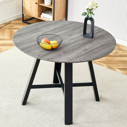 Modern minimalist round dining table and end table. 42 'diameter MDF table top, gray wood grain table top, black metal table legs, suitable for home and office F-1172