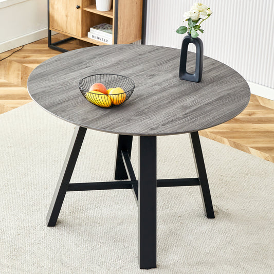 Modern minimalist round dining table and end table. 42 'diameter MDF table top, gray wood grain table top, black metal table legs, suitable for home and office F-1172