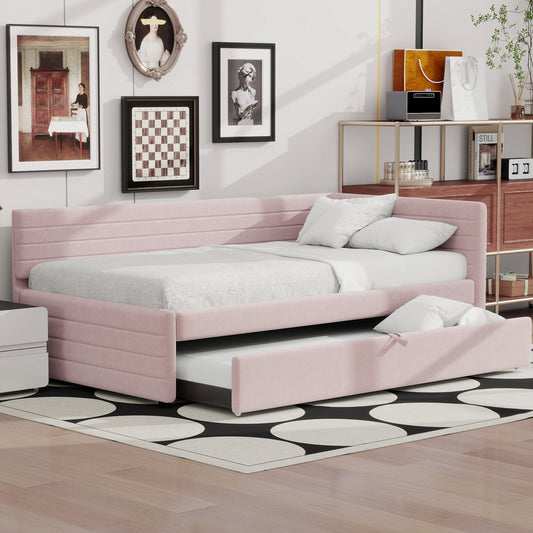 Twin Size Upholstered Daybed with Trundle, Pink