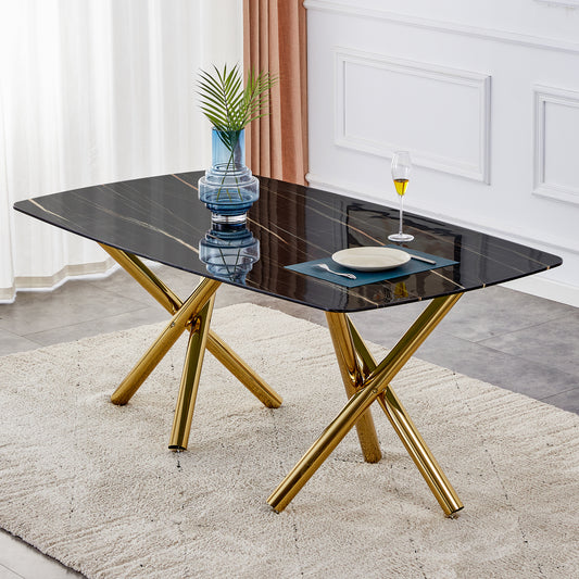 Large modern minimalist rectangular dining table with 0.39 'imitation marble black glass desktop and gold metal legs, for Kitchen Dining Living Meeting Room.W1151S00198