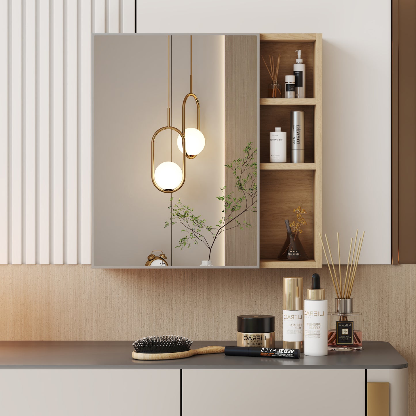 Natural Wood Grain Multi-Function Mirror Cabinet - Clear Mirror and Storage Space. MDF material mirror cabinet,a separate wall mounted bathroom mirror for storage and space saving.