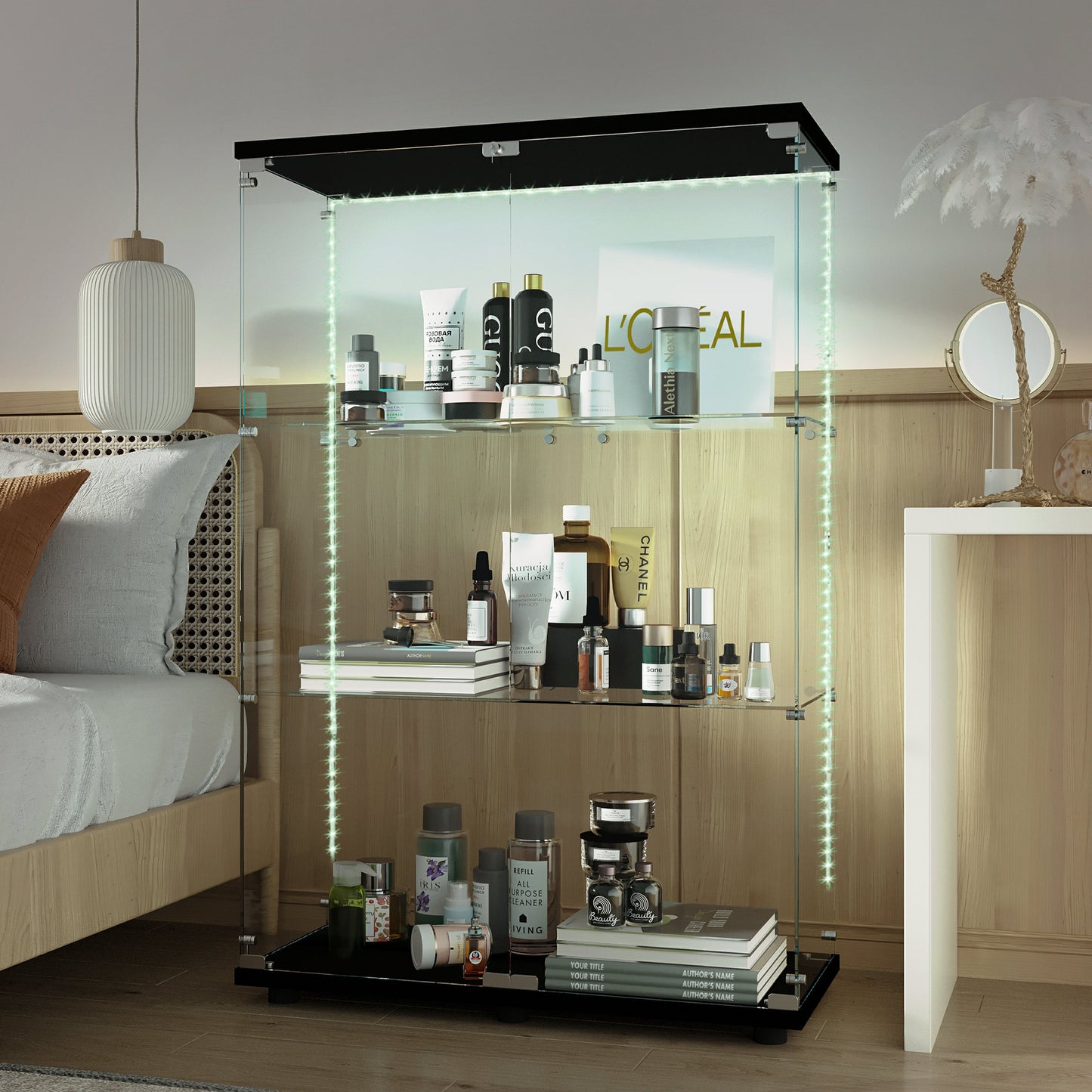 Tempered Glass Display Cabinet,Wine Cabinet,storage Cabinet,File Cabinet,with Bluetooth LED Light Strip,Adjustable Floor Feet,Suitable for uneven ground,Can be placed anywhere,color:black