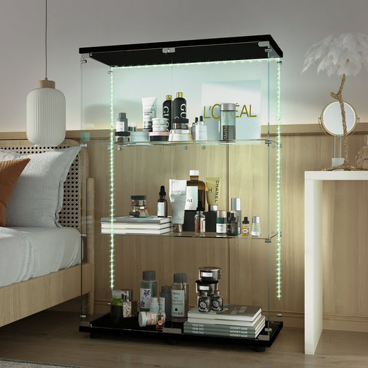 Tempered Glass Display Cabinet,Wine Cabinet,storage Cabinet,File Cabinet,with Bluetooth LED Light Strip,Adjustable Floor Feet,Suitable for uneven ground,Can be placed anywhere,color:black