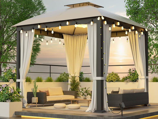 10X10FT Softtop Metal Gazebo with Mosquito Net&Sunshade Curtains,Sturdy Heavy Duty Double Roof Canopy,Galvanized Steel Design Outdoor Tent,Suitable for Gardens,Patio,Backyard