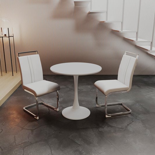 31.5 ' White circular dining table, tulip dining table, kitchen dining table for 2-4 people, MDF tabletop and base, and 2 white PU plating silver metal leg dining chair set 2