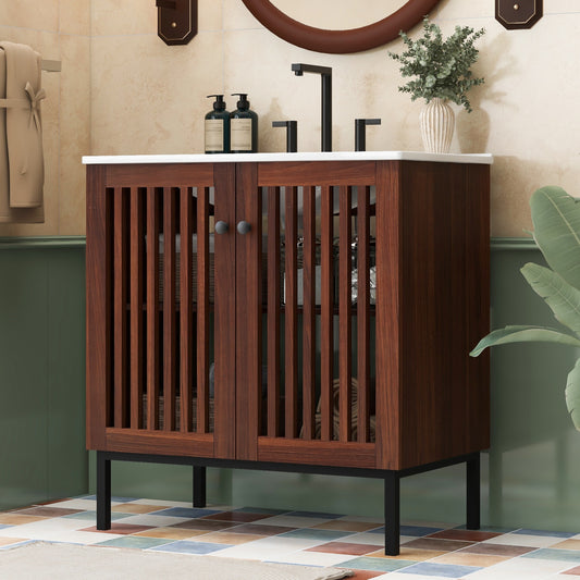 30' Vintage Bathroom Vanity with Ceramic Sink, Modern Bathroom Vanity Cabinet with 2 Soft-Close Doors (Fence-Design) and Large Storage Space, Equpiied with 4 Sturdy Iron Legs, Antique Dark Brown