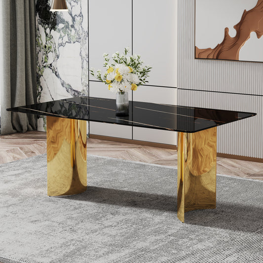 Modern minimalist dining table. The black patterned glass desktop is equipped with golden metal legs. Suitable for restaurants and living rooms  71' *39.3' *29.5'  DT-69