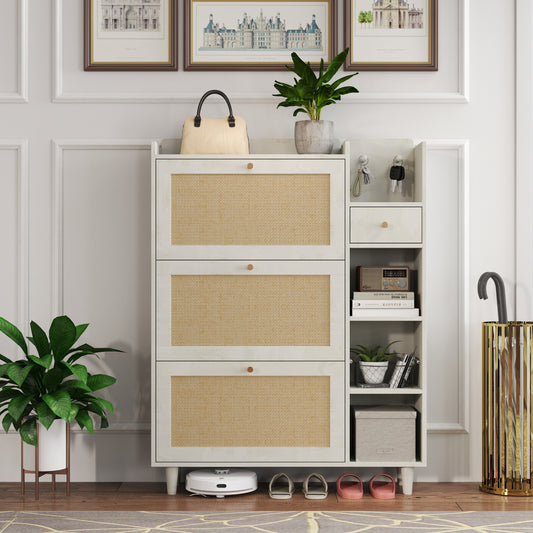 Bohemia Style Shoe Cabinet, Shoe Rack Cabinet with 3 Rattan Flip Drawers,3 Square Shelves and 1 Storage Drawer, Shoe Organizer with Multi-Storage Space and Hooks for Hallway, Entryway(Antique white)