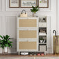 Bohemia Style Shoe Cabinet, Shoe Rack Cabinet with 3 Rattan Flip Drawers,3 Square Shelves and 1 Storage Drawer, Shoe Organizer with Multi-Storage Space and Hooks for Hallway, Entryway(Antique white)