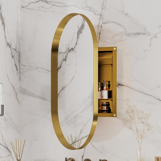 20x34 Inch Oval Recessed Medicine Cabinet, Metal Framed Bathroom Wall Cabinet with Mirror and Adjustable Shelves, Wall Mirror with Storage for Bathroom, Matte Gold