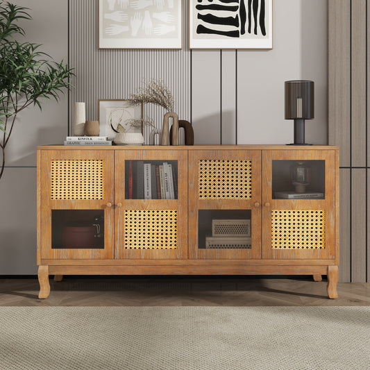 Retro 4-Door Sideboard with Large Storage Space Artificial Rattan Doors and Transparent Glass, Accent Cabinet for Entryway Dining Room Kitchen Living Room,(Antique Brown)