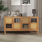 Retro 4-Door Sideboard with Large Storage Space Artificial Rattan Doors and Transparent Glass, Accent Cabinet for Entryway Dining Room Kitchen Living Room,(Antique Brown)