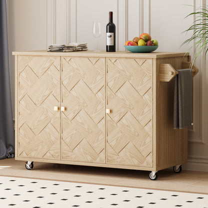 K&K 51.2'W Ash Veneer (Not Cheap Paper) Solid Wood Handwoven Kitchen Island with Drop Leaf, Coastal Kitchen Island on Wheels with Internal Storage Rack, Rolling Kitchen Cart, Nature Wood