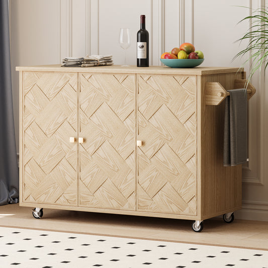 K&K 51.2'W Ash Veneer (Not Cheap Paper) Solid Wood Handwoven Kitchen Island with Drop Leaf, Coastal Kitchen Island on Wheels with Internal Storage Rack, Rolling Kitchen Cart, Nature Wood