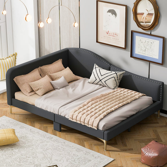 Full Size Upholstered Daybed with Headboard and Armrest, Support Legs, Grey