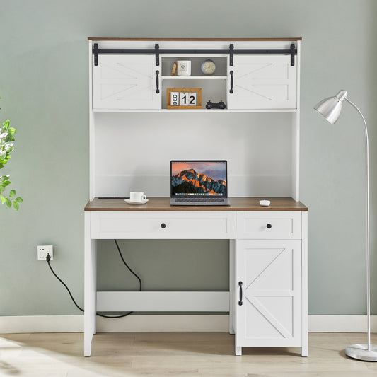 47' Farmhouse Executive Desk with Drawers, Wood Home Office Desk w/Charging Station, File Drawer, Storage Cabinet, Rustic Computer Writing Desk (Antique White)