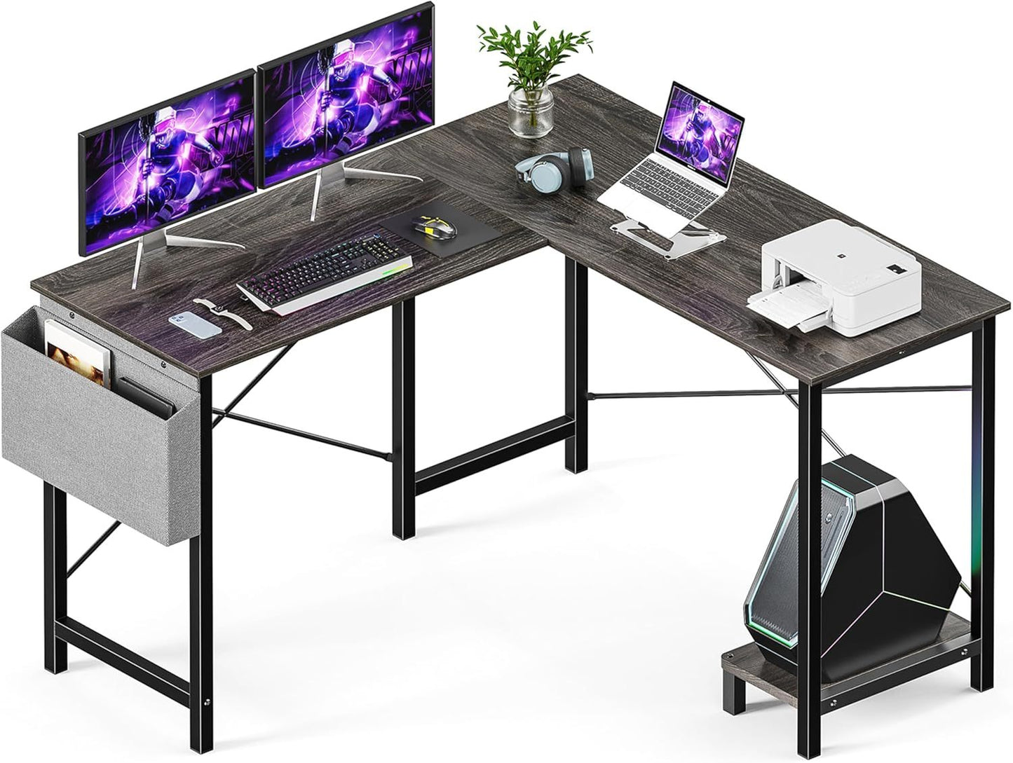 L Shaped Desk Gaming Computer 50 Inch Reversible Corner Table PC for Writing Study Student with Wood Tabletop Metal Frame CPU Stand Side Bag for Home Office Small Place, Grey