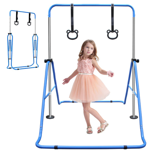 Expandable Gymnastics Bar for Kids - Height Adjustable Junior Training Bar for Home, Folding Gymnastic Horizontal Bars Equipment Blue