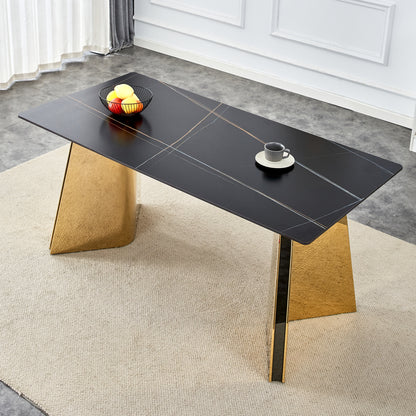 63'x31.5x30' Black Marble-Patterned Slab Dining Table with Golden Stainless Steel Butterfly Legs.The tabletop is designed to be scratch and heat resistant.Slabs Tabletop,Golden Stainless Steels Legs.