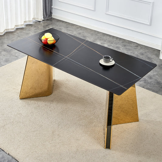 63'x31.5x30' Black Marble-Patterned Slab Dining Table with Golden Stainless Steel Butterfly Legs.The tabletop is designed to be scratch and heat resistant.Slabs Tabletop,Golden Stainless Steels Legs.