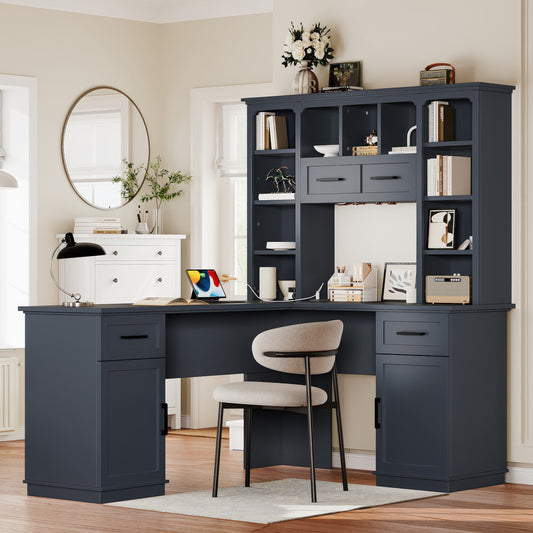 L-Shaped Computer Desk with 2 Cabinets and 2 Drawers, 11 Open Shelves and 1 Right Flip Shelf with Storage, with Power Outlet, for Study, Living Room and Office, Antique Blue