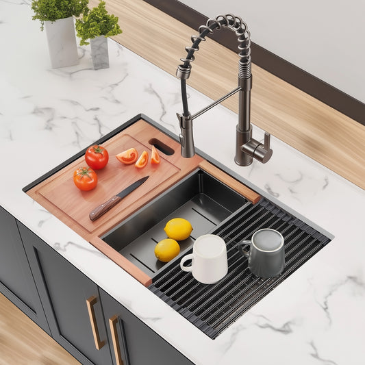 28 Gunmetal Black Undermount Workstation Kitchen Sink-28 x 18 Inch 16 Gauge Stainless Steel Undermount Kitchen Sink, Handmade R10 Radius 10 Inch Deep Undermount Single Bowl Sink with Accessories