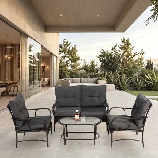 4 Piece Outdoor Patio Furniture Sets, Wicker Conversation Set for Porch Deck,  Rattan Sofa Chair with Cushion-Grey