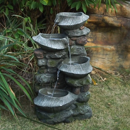 19x15x31.5' Indoor Outdoor Stone Water Fountain,  4-Tier Polyresin Cascading Rock Bowl Freestanding Fountain with LED Ligh