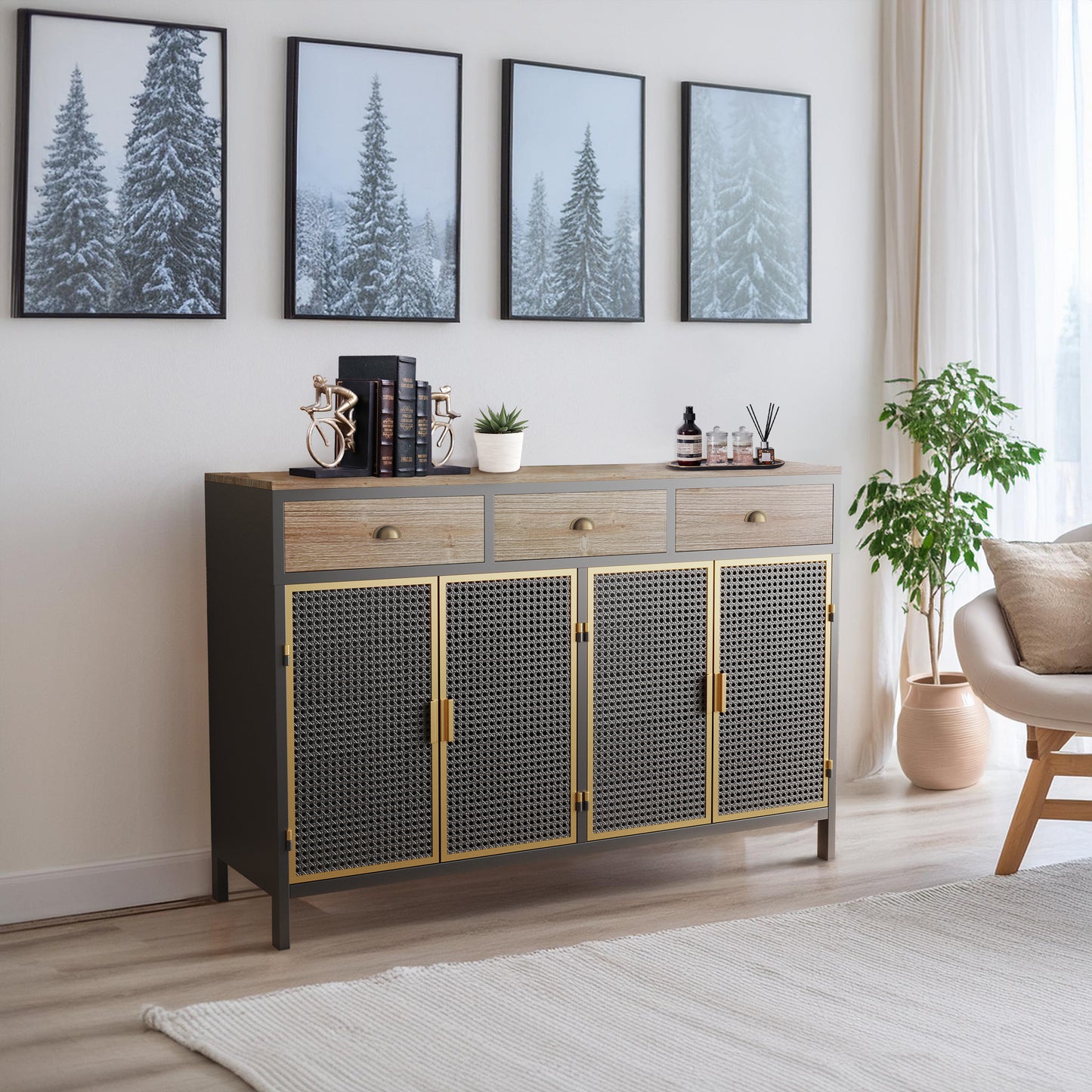 48' Wide  4 Doors Modern Sideboard with 3 Top Drawers, Freestanding Sideboard Storage Cabinet Entryway Floor Cabinet for Living Room Office Bedroom
