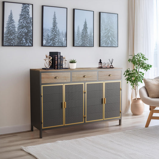 48' Wide  4 Doors Modern Sideboard with 3 Top Drawers, Freestanding Sideboard Storage Cabinet Entryway Floor Cabinet for Living Room Office Bedroom