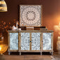 4-Door Hollow-Carved Accent Cabinet, Distressed Wood Storage Cabinet Cupboard with adjustable shelves,unique design for Kitchen, Dining Room, Living Room, Entryway, Natural wood