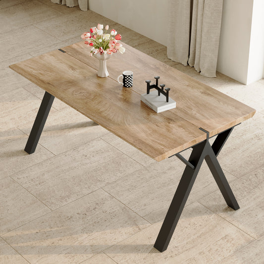 63'x35.4' Wood-Textured MDF Dining Table with Black A-Frame Legs.Density Board Sticker,Iron Pipe Spraying,Suitable for various occasions such as living rooms, kitchens, terraces, etc.