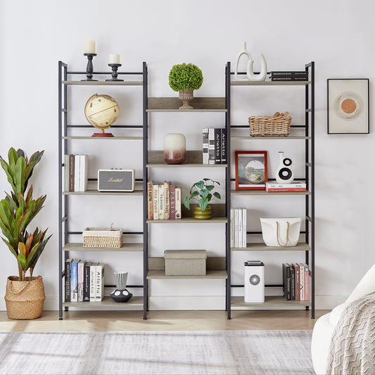 Triple Wide 5-shelf Bookshelves Industrial Retro Wooden Style Home and Office Large Open Bookshelves, Grey, 69.3'W x 11.8'D x 70.1'H