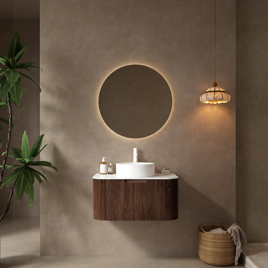 DINA 30' Bathroom Vanity with Sink, Wall-Mounted Floating Curved Edges Striped Bathroom Storage Cabinet with Drawer, White Ceramic Basin without Faucet, Pre-assembled, Dark Walnut Woodgrain Color