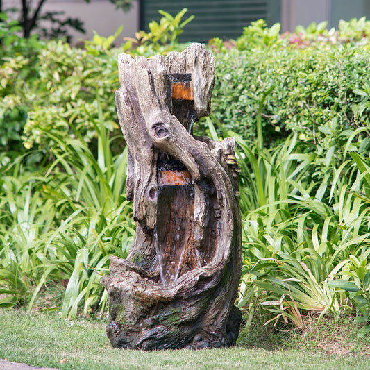 17.5x15.5x39.5' Indoor Outdoor Tree Trunk Fountain, Polyresin Rusitic Floor Standing Waterfall Fountain with Light, Natural Water Feature for Garden Lawn Porch Yard