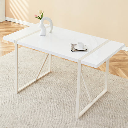 Industrial rectangular MDF Cream style dining table for 4-6 people with 1.5 inch thick MDF top and white metal legs frame for work desk, kitchen, terrace, dining room