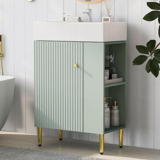 21.6' Green Bathroom vanity, Combo Cabinet, Bathroom Storage Cabinet, Single Ceramic Sink, Right side storage