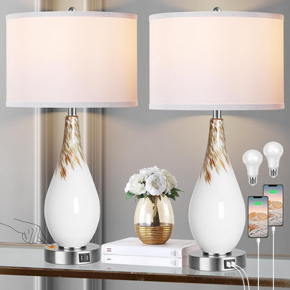 Touch Control Table Lamps Set of 2, 27.5' Tall Modern Art Glass Bedside Lamp with USB Ports, 3-Way Dimmable Hand Crafted Nightstand Lamps White Drum Shade for Living Room Bedroom Home
